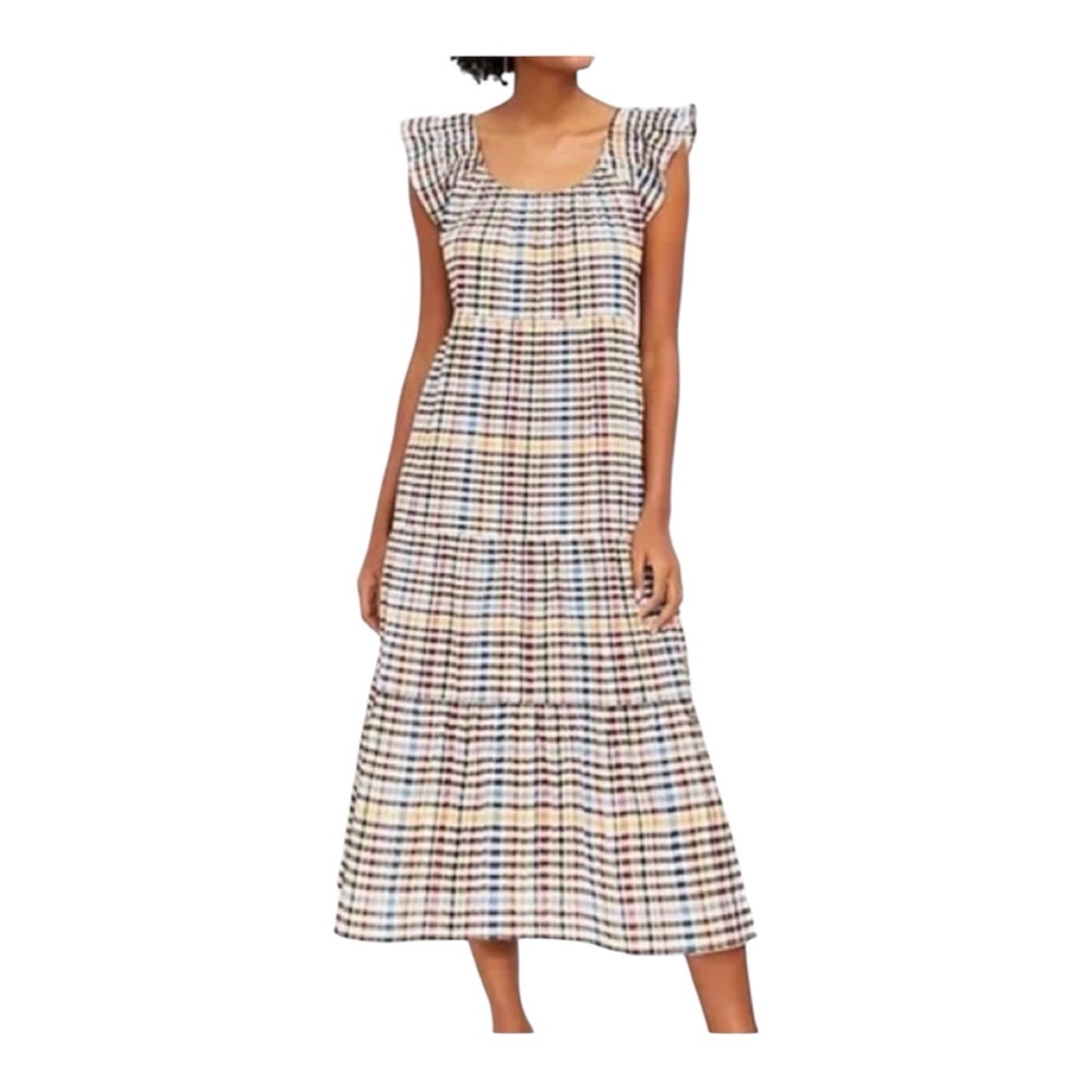 Loft multi color plaid flutter sleeve tiered cotton midi sun dress size Medium